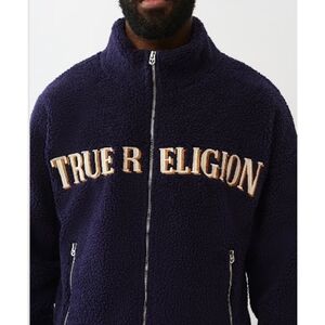 New True Religion Navy Sherpa Full-Zip Jacket with Tan Embroidery